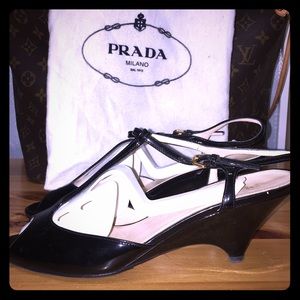 Prada black patent leather wedges